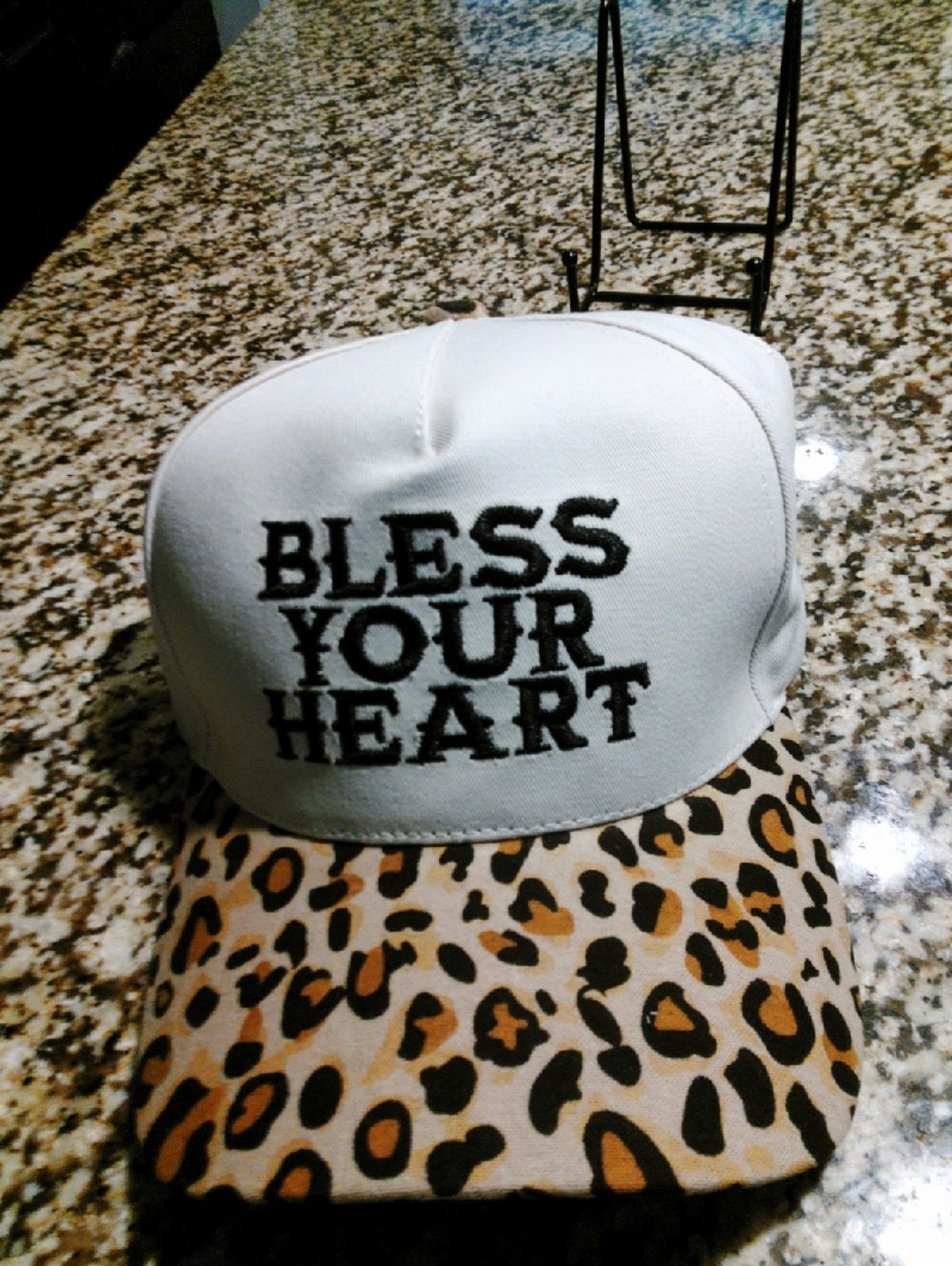 White 'Bless Your Heart' Leopard Brim Trucker Hat